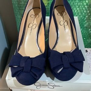COPY - NWOT Jessica Simpson blue wedge heels with bow size 6